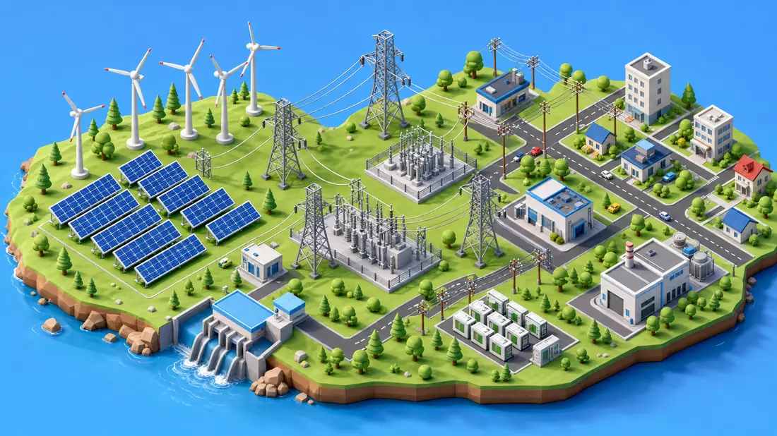 Isometrische 3D-Illustration einer Energieinsel mit Windrädern, Solarfeld und Stromleitungen