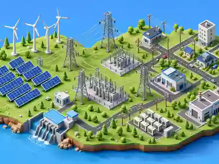 NextEra Energy Inc. (US65339F1012): isometrisches 3D-Modell eines Stromnetzes mit Windrädern, Solarpanels und Masten - Foto: THN