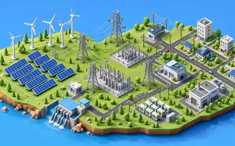 NextEra Energy Inc. (US65339F1012): isometrisches 3D-Modell eines Stromnetzes mit Windrädern, Solarpanels und Masten - Foto: THN
