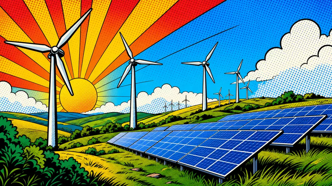 Pop-Art-Comic mit Windrädern, Solarpanels und leuchtendem Sonnenstrahl-Hintergrund