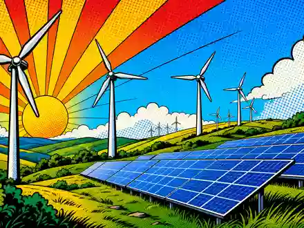 NextEra Energy Inc. (US65339F1012): farbenfrohe Pop-Art-Comic-Illustration von Windrädern und Solarpanels mit Sonnenstrahlen - Foto: THN