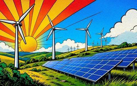 NextEra Energy Inc. (US65339F1012): farbenfrohe Pop-Art-Comic-Illustration von Windrädern und Solarpanels mit Sonnenstrahlen - Foto: THN