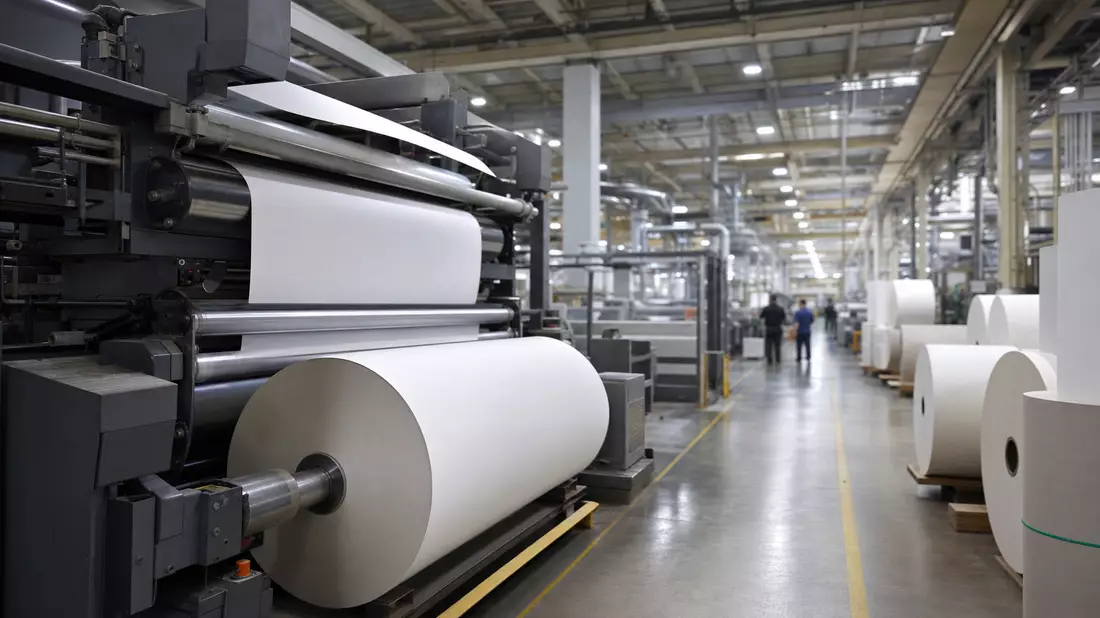 Generische industrielle Zeitungsdruckerei mit Papierrollen und Druckmaschine