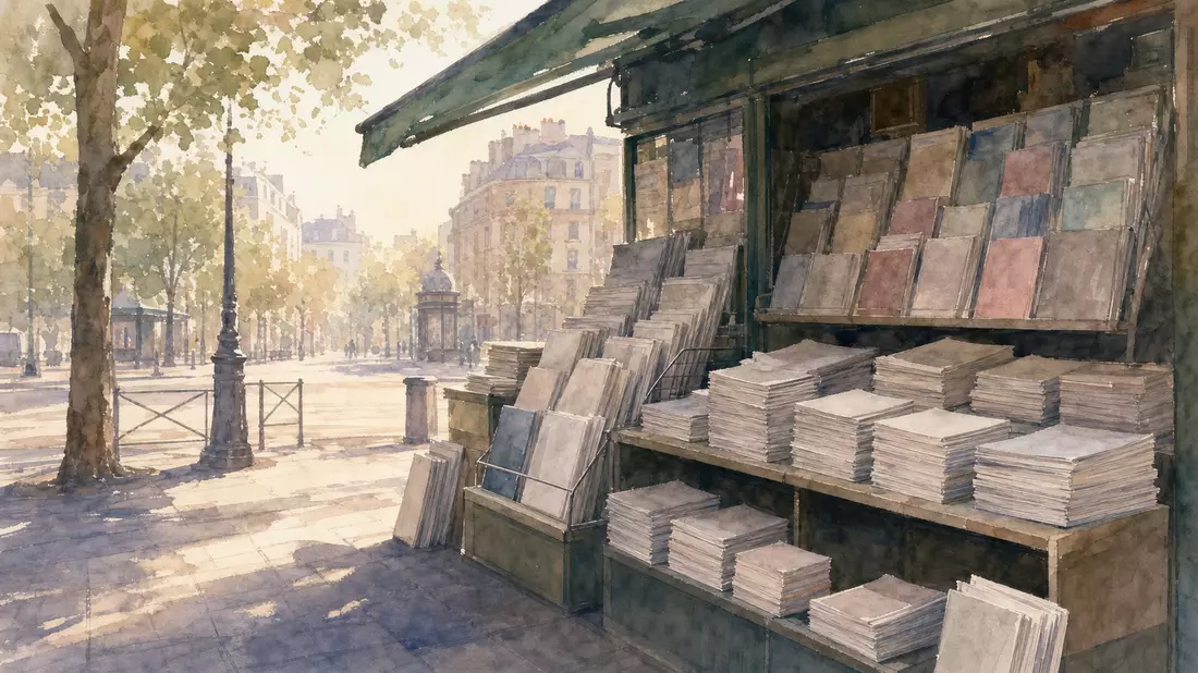 Aquarellillustration eines generischen Zeitungskiosks mit Zeitungsstapeln