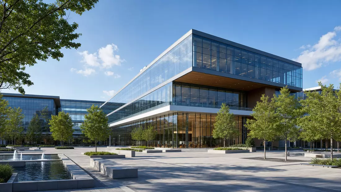 Architektonisches Rendering eines modernen generischen Medienunternehmens-Hauptsitzes