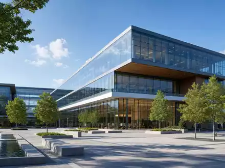 News Corp (Class A) US65249B1098: Architektur-Rendering eines generischen Medienkonzern-Hauptsitzes aus Glas und Stahl - Foto: THN