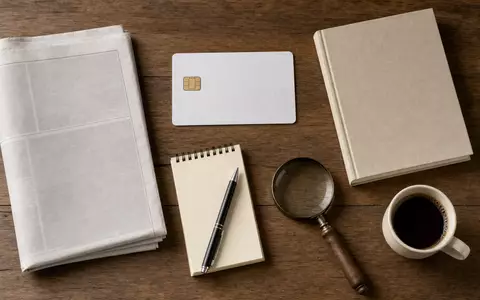 News Corp (Class A) US65249B1098: Flatlay mit generischer ISIN-Karte, unbedruckter Zeitung, Buch und Notizblock - Foto: THN