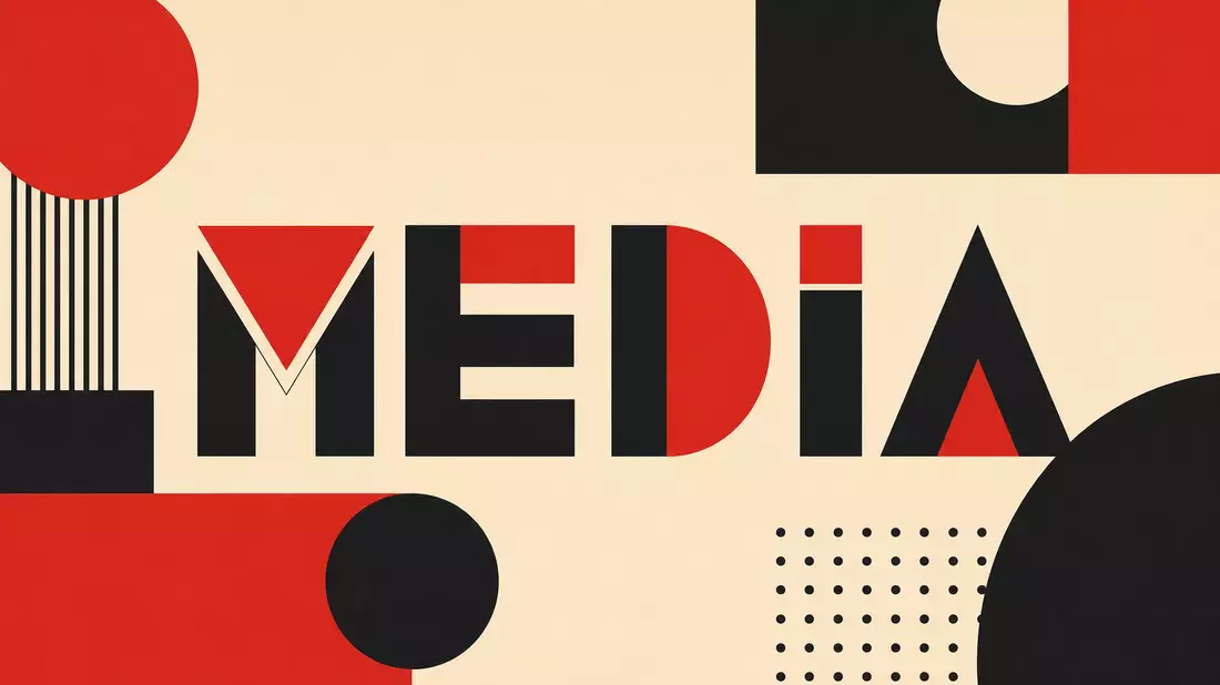 Bauhaus-inspiriertes geometrisches Poster mit dem Wort MEDIA in Rot und Schwarz