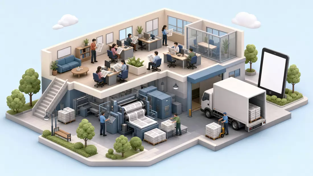 Isometrische 3D-Darstellung eines generischen Medienunternehmens mit Druckerei und Büro