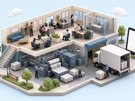 News Corp (Class A) US65249B1098: isometrische 3D-Illustration eines generischen Medienverlags mit Druckerei und Büro - Foto: THN