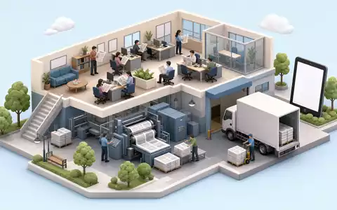 News Corp (Class A) US65249B1098: isometrische 3D-Illustration eines generischen Medienverlags mit Druckerei und Büro - Foto: THN