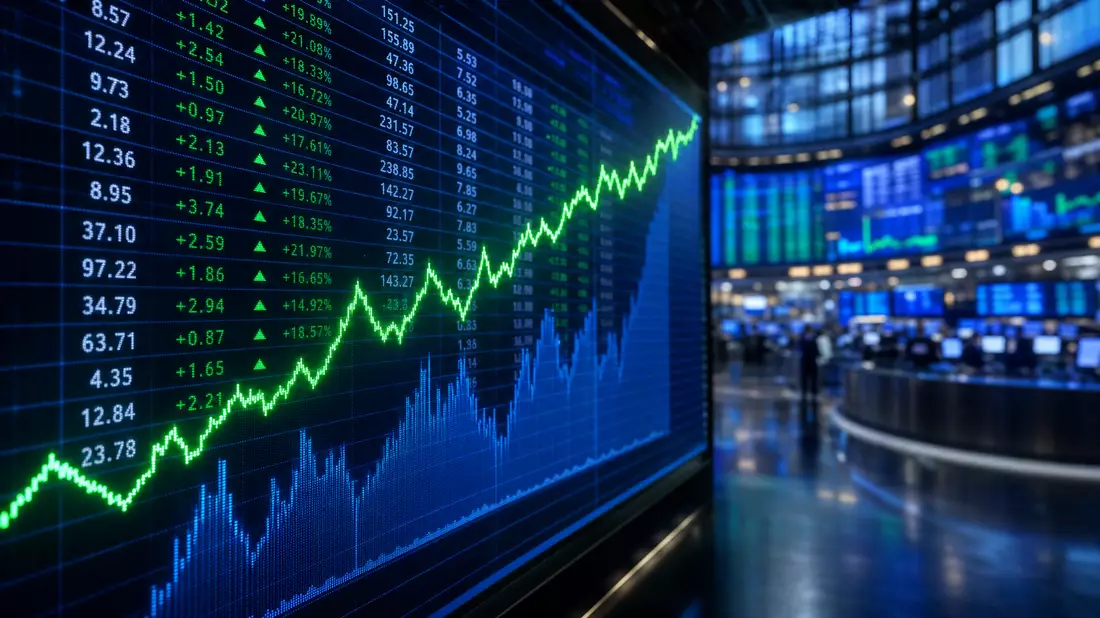 Editorial-Börsenbild mit generischer Kurstafel und steigendem Aktien-Chart