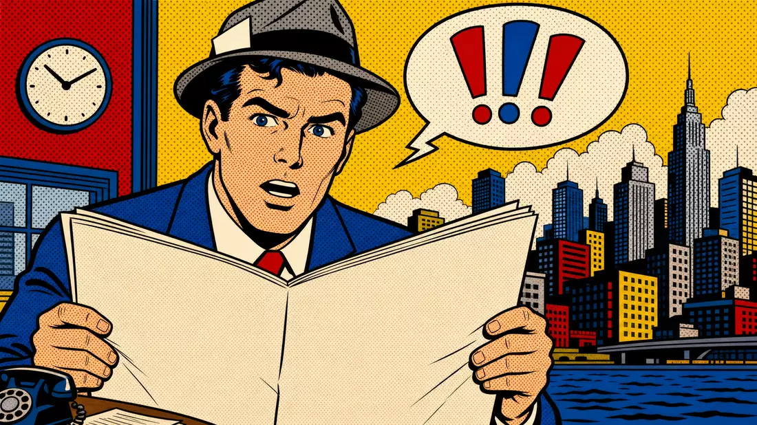 Pop-Art-Comicbild eines Reporters, der eine generische Zeitung vor einer Skyline liest