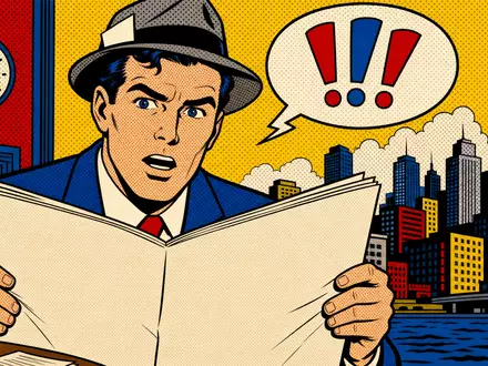 News Corp (Class A) US65249B1098: Pop-Art-Comicillustration eines Reporters mit unbedruckter Zeitung vor Skyline - Foto: THN