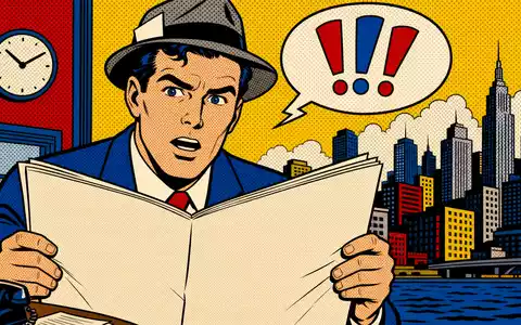 News Corp (Class A) US65249B1098: Pop-Art-Comicillustration eines Reporters mit unbedruckter Zeitung vor Skyline - Foto: THN