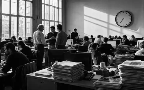 News Corp (Class B) US65249B2088 illustriert Schwarz-Weiß-Reportage einer belebten generischen Redaktion mit Journalisten - Foto: THN