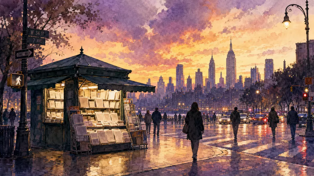 Aquarellbild einer Stadtsilhouette bei Sonnenuntergang mit beleuchtetem Zeitungskiosk