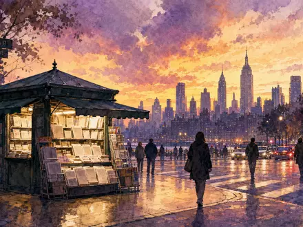 News Corp (Class B) US65249B2088 präsentiert Aquarellmalerei einer Skyline mit generischem Zeitungskiosk am Abend - Foto: THN