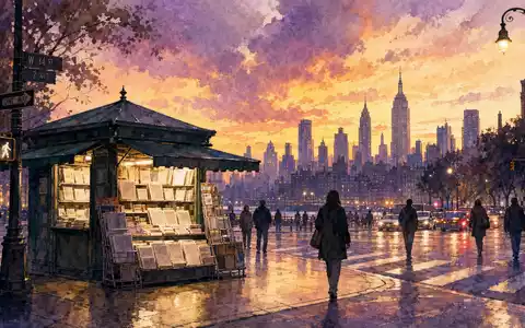 News Corp (Class B) US65249B2088 präsentiert Aquarellmalerei einer Skyline mit generischem Zeitungskiosk am Abend - Foto: THN