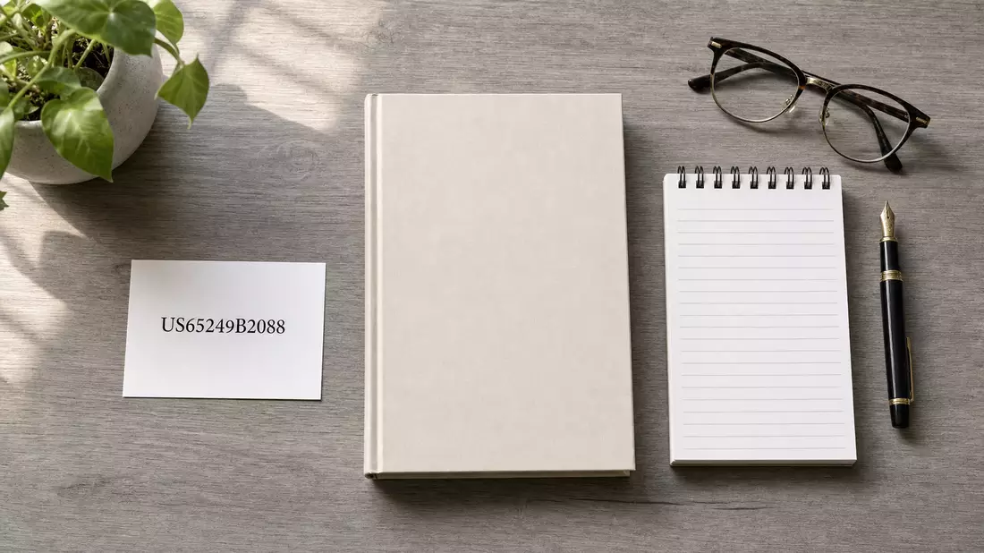 Flatlay mit ISIN-Karte US65249B2088, blankem Buch, Notizblock, Brille und Füllfederhalter