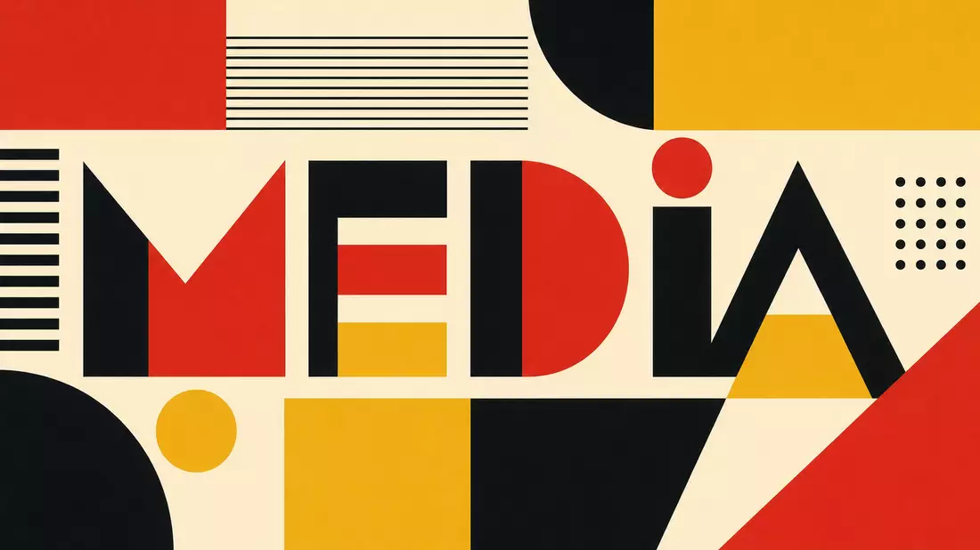 Bauhaus-Poster mit geometrischen Formen in Rot, Schwarz und Gelb sowie Schriftzug MEDIA