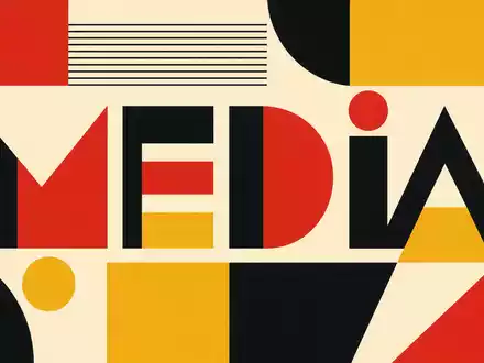 News Corp (Class B) US65249B2088 dargestellt als Bauhaus-Poster mit geometrischen Formen und Schriftzug MEDIA - Foto: THN