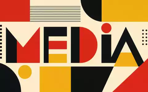 News Corp (Class B) US65249B2088 dargestellt als Bauhaus-Poster mit geometrischen Formen und Schriftzug MEDIA - Foto: THN