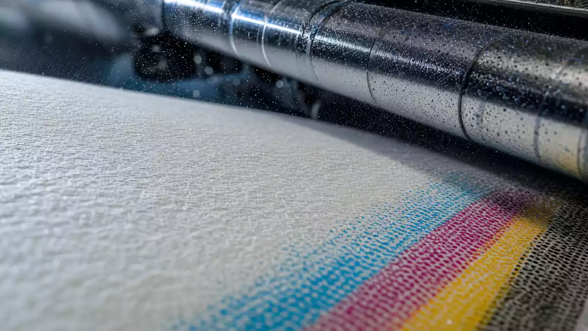 Makroaufnahme von Zeitungspapier mit CMYK-Farbrasterpunkten und metallischen Druckwalzen