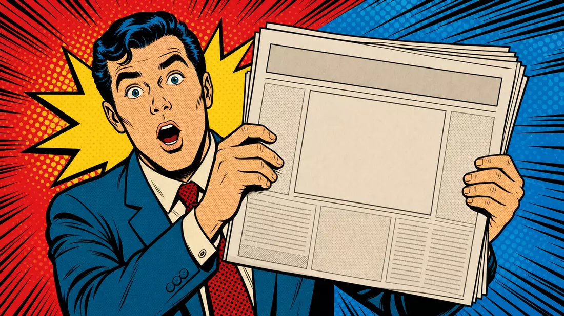 Pop-Art-Comicbild eines überraschten Journalisten mit blanker Zeitung vor Halbtonhintergrund