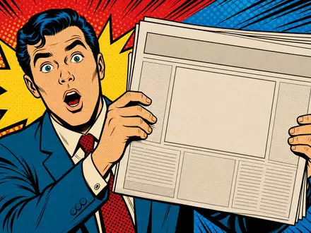 News Corp (Class B) US65249B2088 als Pop-Art-Comic mit Journalist und generischer blanker Zeitung dargestellt - Foto: THN