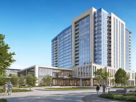 Welltower Inc. (US95040Q1040) entwickelt hochwertige Gesundheitsimmobilien, hier visualisiert als modernes, glÀnzendes Architektur-Render bei Tageslicht - Foto: THN