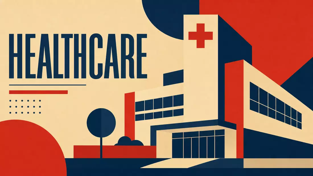 Bauhaus-Poster mit Gesundheitsgebäude und Schriftzug HEALTHCARE für Welltower Inc