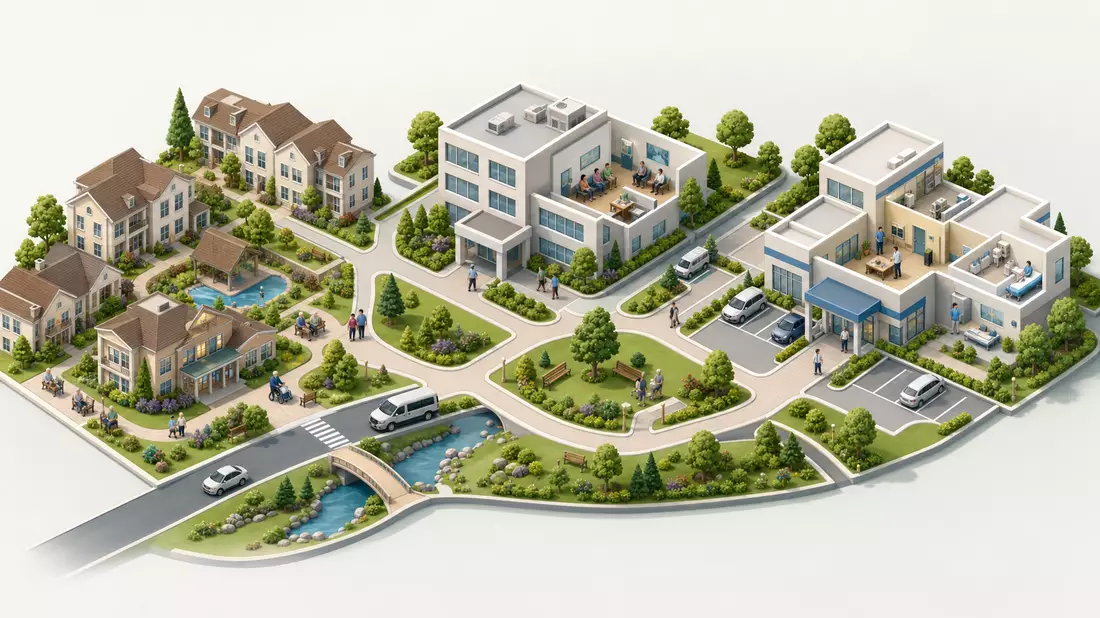 Isometrische 3D-Grafik der Gesundheitsimmobilien-Wertschöpfungskette von Welltower Inc