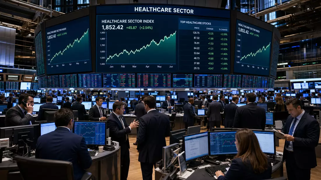 Börsen-Editorial mit Trading-Floor und Gesundheitssektor-Charts für Welltower Inc