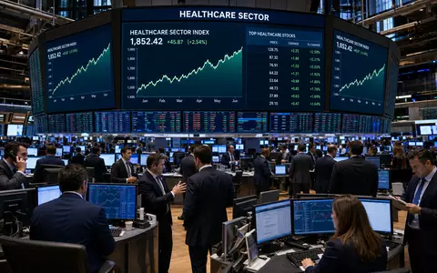 Welltower Inc. (US95040Q1040) notiert an der Börse, gezeigt im Trading-Floor-Editorial mit Gesundheitssektor-Charts - Foto: THN