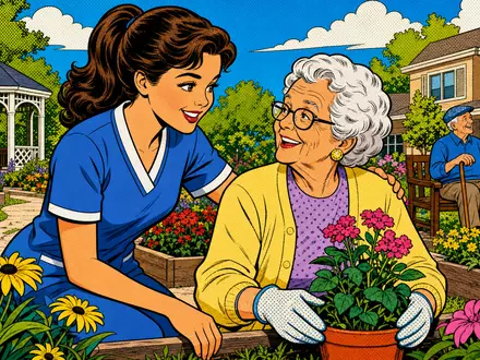 Welltower Inc. (US95040Q1040) steht für Seniorenpflege, dargestellt als farbenfrohe Pop-Art-Comic-Szene im Garten - Foto: THN