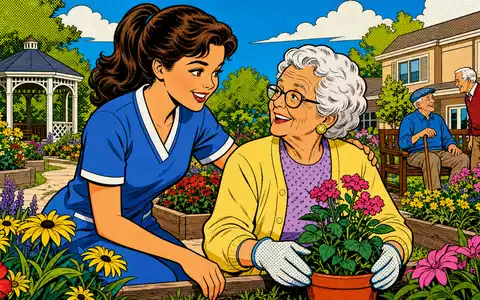 Welltower Inc. (US95040Q1040) steht fĂŒr Seniorenpflege, dargestellt als farbenfrohe Pop-Art-Comic-Szene im Garten - Foto: THN