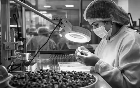 Schwarzweiß-Reportage zeigt Qualitätskontrolle bei West Pharmaceutical (US9523901012), Prüfung von Gummi-Verschlüssen unter Lupenlampe - Foto: THN