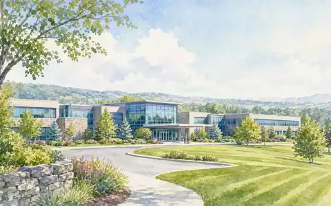 Aquarellmalerei zeigt einen ruhigen Firmencampus als Sinnbild für den Hauptsitz von West Pharmaceutical, ISIN US9523901012 - Foto: THN