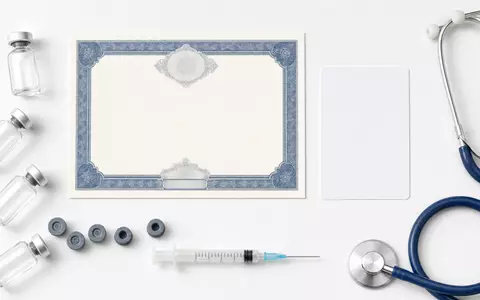 Flatlay mit Aktienzertifikat, ISIN-Karte und Injektionsutensilien symbolisiert eine Investition in West Pharmaceutical, ISIN US9523901012 - Foto: THN