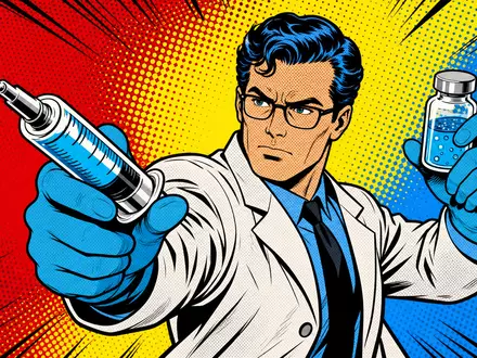 Pop-Art-Comic mit Wissenschaftler und Spritze illustriert humorvoll die Injektionssystem-Branche von West Pharmaceutical, ISIN US9523901012 - Foto: THN