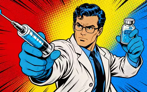 Pop-Art-Comic mit Wissenschaftler und Spritze illustriert humorvoll die Injektionssystem-Branche von West Pharmaceutical, ISIN US9523901012 - Foto: THN