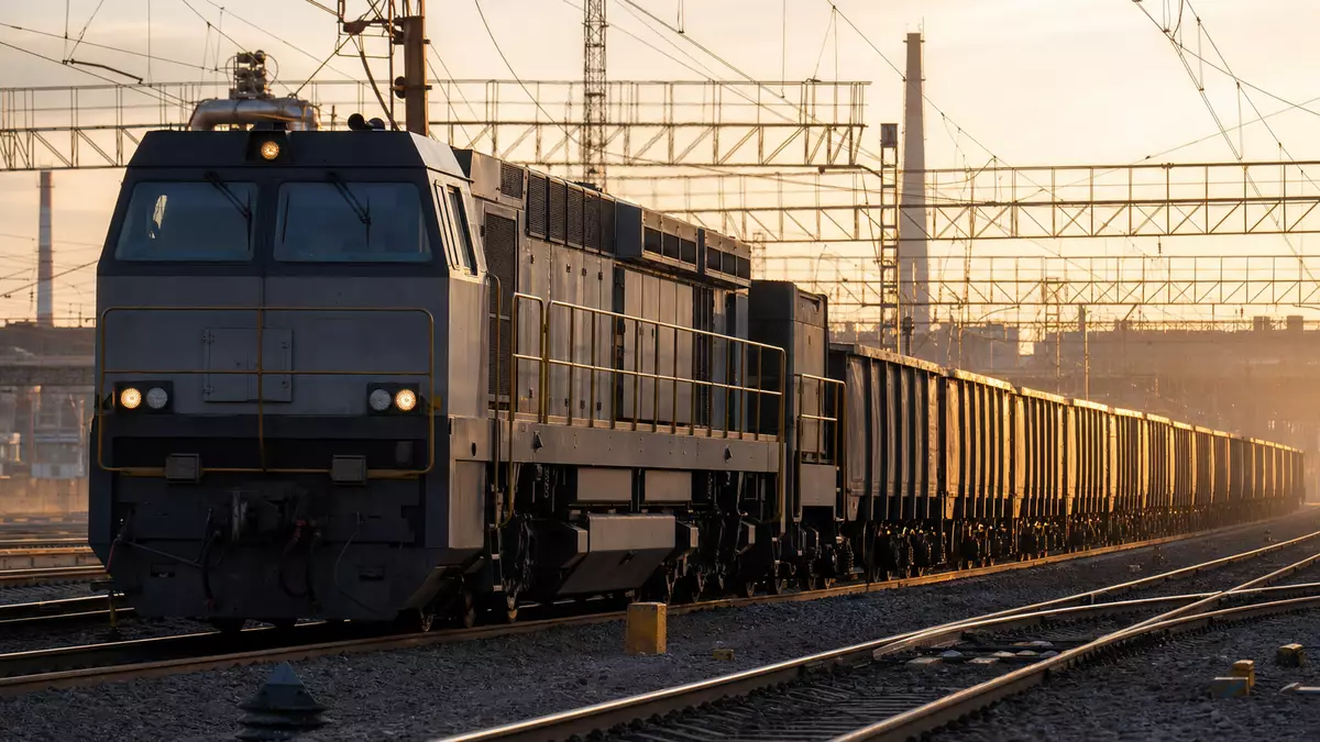Fotorealistische Diesellokomotive mit Güterwaggons auf Gleisanlage, Bahntechnik-Motiv