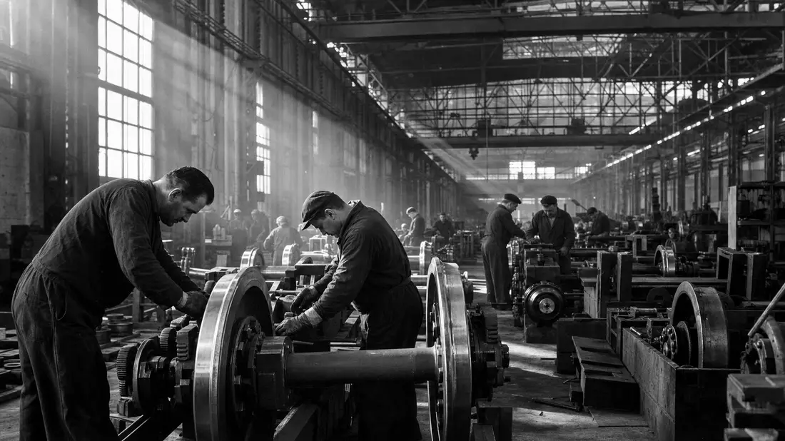 Schwarzweiße Dokumentaraufnahme einer Fabrikhalle mit Zugbremskomponenten