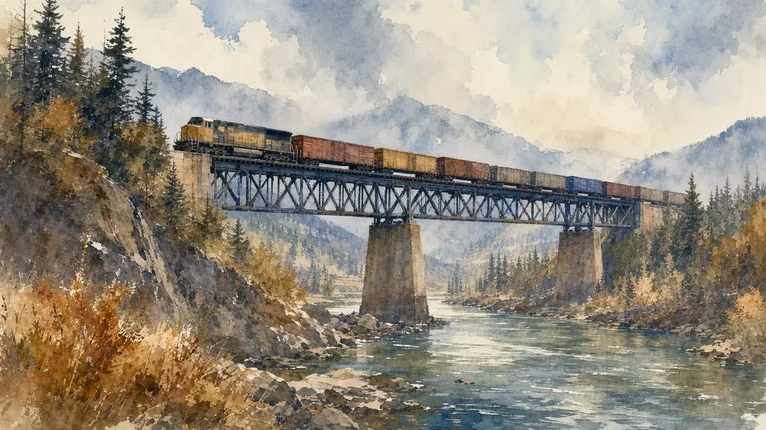 Aquarellillustration einer Eisenbahnlandschaft mit fahrenden Güterzügen