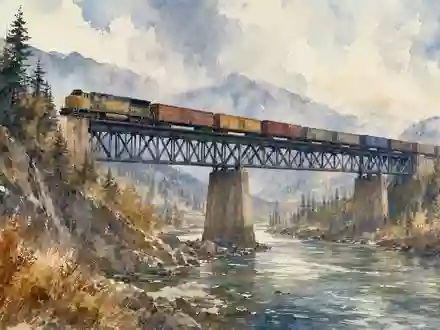 Aquarellmalerei einer Bahnlandschaft mit fahrenden Zügen ist künstlerisch inspiriert von Wabtec, ISIN US9297401088, Eisenbahntechnik - Foto: THN