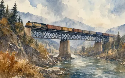 Aquarellmalerei einer Bahnlandschaft mit fahrenden Zügen ist künstlerisch inspiriert von Wabtec, ISIN US9297401088, Eisenbahntechnik - Foto: THN