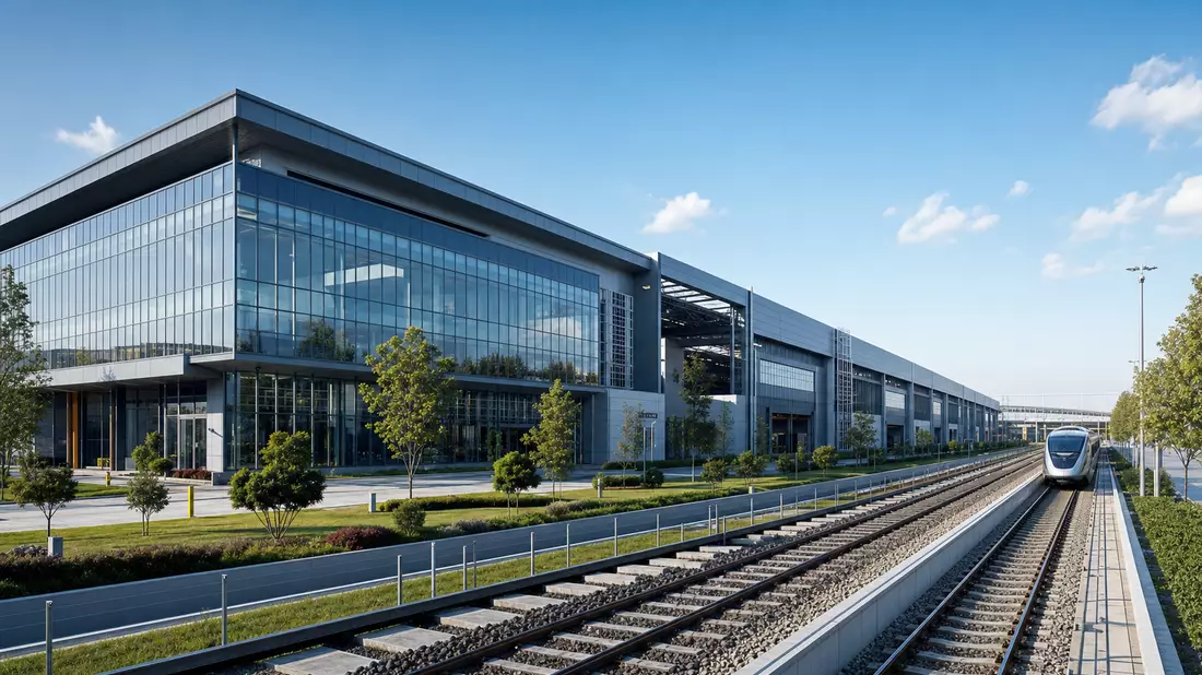 Architekturvisualisierung eines modernen Werksgebäudes für Bahntechnik