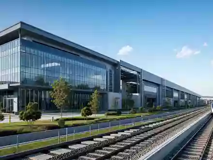 Architektur-Render eines modernen Bahntechnik-Werksgebäudes repräsentiert symbolisch Wabtec, ISIN US9297401088, als globale Industrieanlage passend - Foto: THN