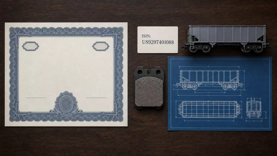 Flatlay mit Aktienzertifikat, ISIN-Karte und Bahntechnik-Werkzeugen von oben